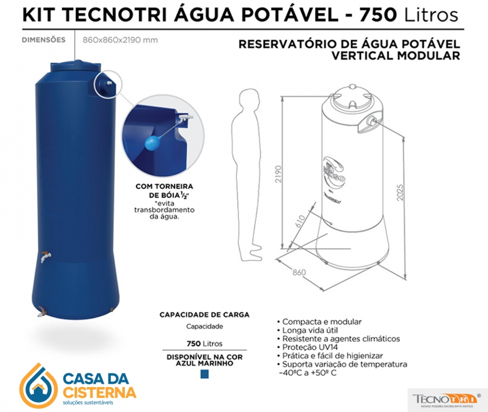 imagem Cisterna vertical modular  750L para Água Potável 
